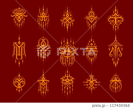 Sacred oriental Thai symbols of Yantra tattoo or Buddha talismans, vector amulets. Thailand mystic art symbols of Sak Yant tattoo with Buddhism esoteric religious ornaments of Thai sacred signs 117430368