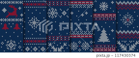 Blue Christmas knit patterns, sweater texture. Vector seamless knitted backgrounds with xmas or new year winter scandinavian ornaments. Holiday festive crochet in traditional red, white or blue colors Blue Christmas knit patterns, sweater texture. Vector seamless knitted backgrounds with xmas or new year winter scandinavian ornaments. Holiday festive crochet in traditional red, white or blue colors 117430374