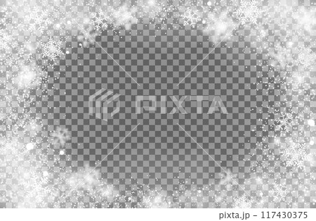 Realistic Christmas snowflakes snow frame on transparent background with vector borders of white snow flakes and ice crystals. Xmas winter holiday frame decoration with realistic falling snowflakes 117430375
