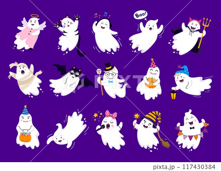 Funny cartoon Halloween kawaii ghosts and holiday horror night characters, isolated vector. Cute boo ghost in witch cat with pumpkin, baby poltergeist singing or mummy costume for trick or treat party 117430384