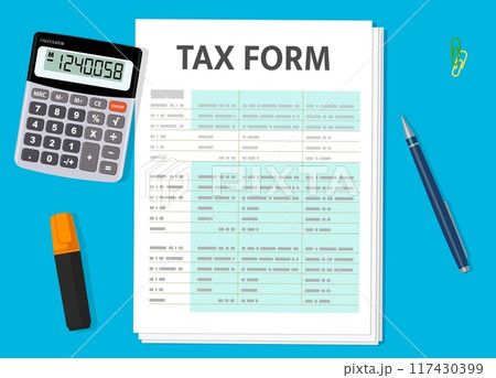 Tax form paper document with calculator, pen and text marker. Vector tax return form, financial report of business income or loss, payments and refunds. Accounting paperwork, economic analytics themes Tax form paper document with calculator, pen and text marker. Vector tax return form, financial report of business income or loss, payments and refunds. Accounting paperwork, economic analytics themes 117430399