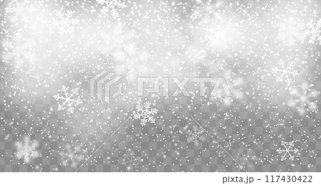 Realistic fall of snow flakes, Christmas winter snowflakes overlay background. Vector xmas or New Year layout template with delicate wintertime crystalline ice formations descending from the sky 117430422
