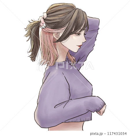 髪をかきあげる美しい女性の横顔の水彩画のイラスト素材 [117431034