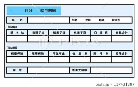 手取りの給料を計算している給与明細 手取りの給料を計算している給与明細 117431297