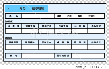 手取りの給料を計算している給与明細 手取りの給料を計算している給与明細 117431297