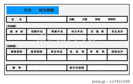 手取りの給料を計算している給与明細 117431299