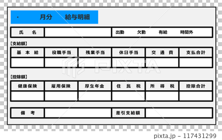 手取りの給料を計算している給与明細 117431299