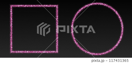 Pink glitter frames, shimmering borders in circle and square shapes, festive holiday sparkles 117431365
