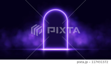 Neon door with smoke, purple glowing portal, futuristic arch gate, magic border with vapor 117431372