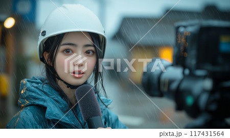 台風の中マイクを握るリポーター 117431564