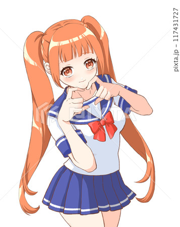 萌えアニメ風キャラクター立ち絵 指ハートをする女子高生のイラスト