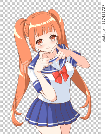萌えアニメ風キャラクター立ち絵 指ハートをする女子高生のイラスト