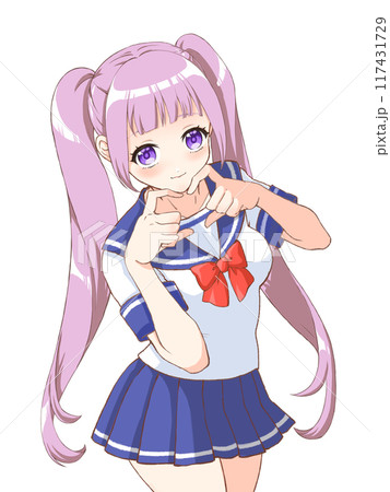 萌えアニメ風キャラクター立ち絵 指ハートをする女子高生 萌えアニメ風キャラクター立ち絵 指ハートをする女子高生 117431729