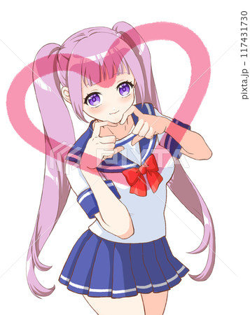 萌えアニメ風キャラクター立ち絵　 指ハートをする女子高生 117431730