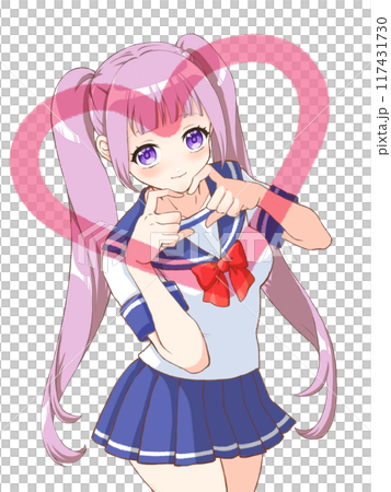 萌えアニメ風キャラクター立ち絵　 指ハートをする女子高生 117431730