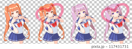 萌えアニメ風キャラクター立ち絵　 指ハートをする女子高生 117431731