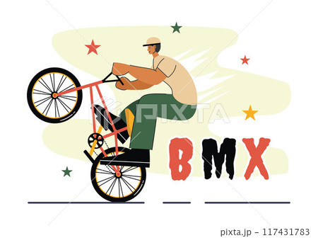 BMX Bicycle Sport Vector Illustration featuring a Man Performing Extreme Stunts, such as Jumping or Standing, in a Flat Style Cartoon Background BMX Bicycle Sport Vector Illustration featuring a Man Performing Extreme Stunts, such as Jumping or Standing, in a Flat Style Cartoon Background 117431783