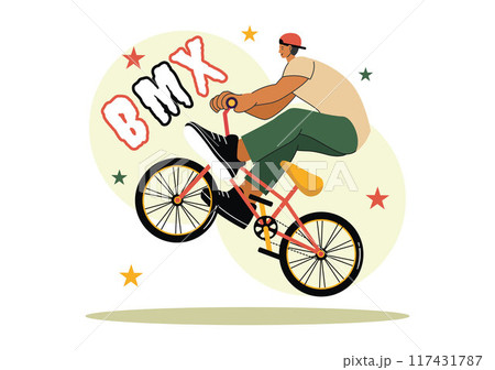 BMX Bicycle Sport Vector Illustration featuring a Man Performing Extreme Stunts, such as Jumping or Standing, in a Flat Style Cartoon Background 117431787