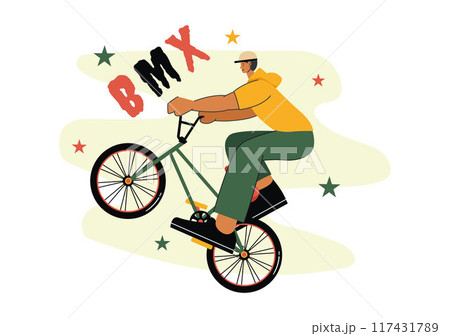 BMX Bicycle Sport Vector Illustration featuring a Man Performing Extreme Stunts, such as Jumping or Standing, in a Flat Style Cartoon Background BMX Bicycle Sport Vector Illustration featuring a Man Performing Extreme Stunts, such as Jumping or Standing, in a Flat Style Cartoon Background 117431789