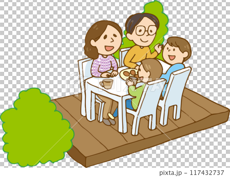デッキで食事する家族 117432737
