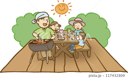 デッキでBBQする家族 117432809