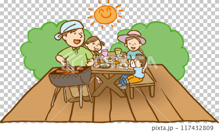 デッキでBBQする家族 117432809