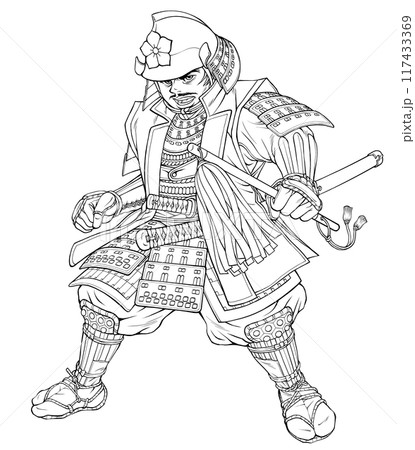 采配を振るう戦国武将の明智光秀 線画 117433369