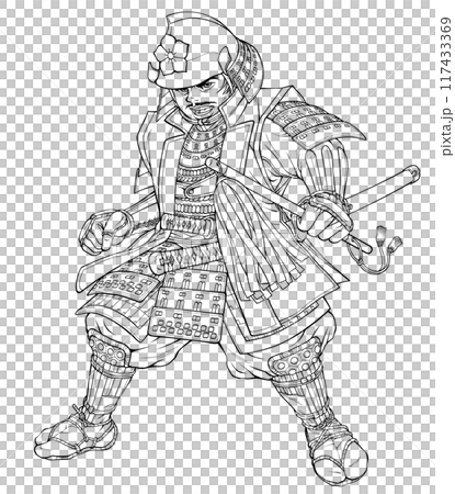 Line drawing of Sengoku warlord Akechi Mitsuhide commanding Line drawing of Sengoku warlord Akechi Mitsuhide commanding 117433369