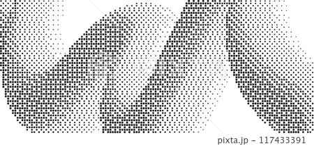 Pixelated curved gradient shape. Dotted dither squiggle texture background. Fluid undulate form for banner, poster, leaflet, brochure. Abstract rasterized overlay backdrop. Vector comic wallpaper 117433391