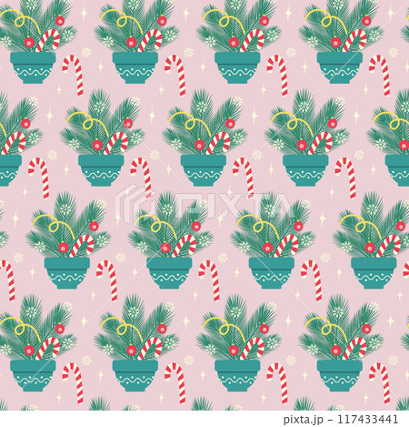 Composition of Christmas tree twigs, decorations, candy cane, snowflakes and stars Seamless pattern 117433441