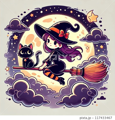 ハロウィンの魔女 黒猫のイラスト素材 [117433467] - PIXTA