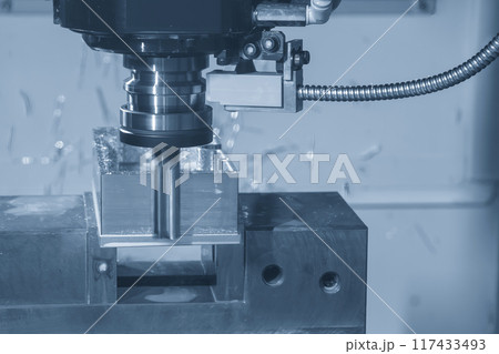 The CNC milling machine cutting  mold part by solid flat end mill tool. 117433493
