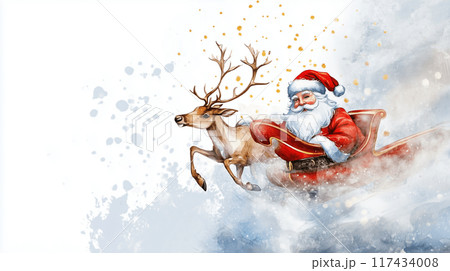 クリスマス素材】サンタクロースとトナカイの躍動感あふれる水彩アート