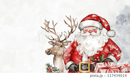 【クリスマスデザイン素材】サンタクロースとトナカイの温かみある水彩アート|ホリデーシーズンに使える高 【クリスマスデザイン素材】サンタクロースとトナカイの温かみある水彩アート|ホリデーシーズンに使える高 117434014