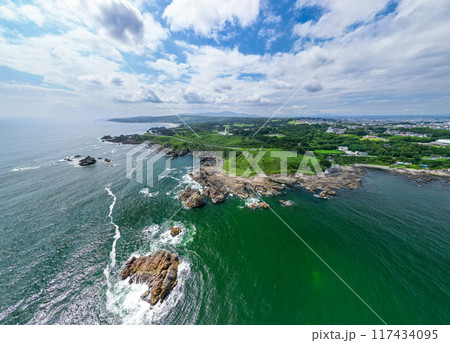 空撮「青森県」八戸市の美しい種差海岸沿いを撮影 117434095