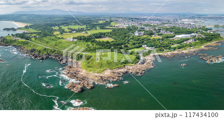 空撮「青森県」八戸市の美しい種差海岸沿いを撮影 117434100