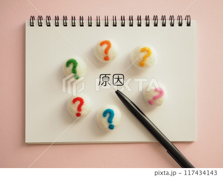 ノートに原因の文字　クエスチョンマーク 117434143