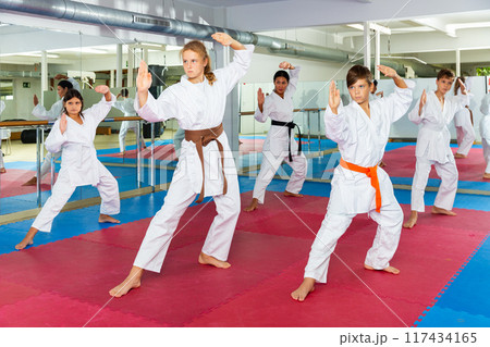 Teenager children wearing karate uniform fighters poses 117434165