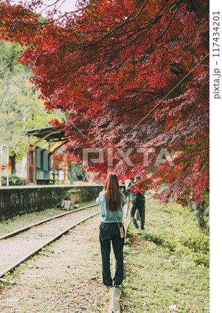 三河広瀬駅の紅葉と女性の後姿 三河広瀬駅の紅葉と女性の後姿 117434201