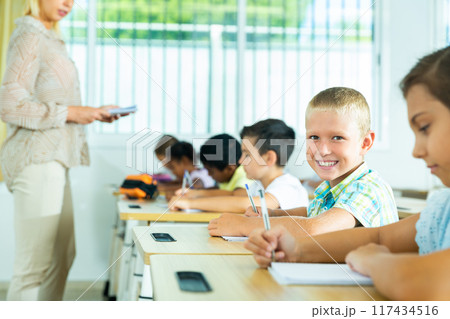 Boy sitting at desk studying in classroom 117434516
