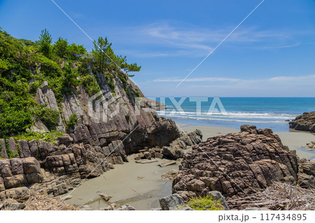 迫力ある柱状岩と広がる夏の海　宮崎県日向市 117434895