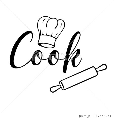 Chef hat, rolling pin, and Cook in black line art, symbolizing culinary arts. Chef hat, rolling pin, and Cook in black line art, symbolizing culinary arts. 117434974