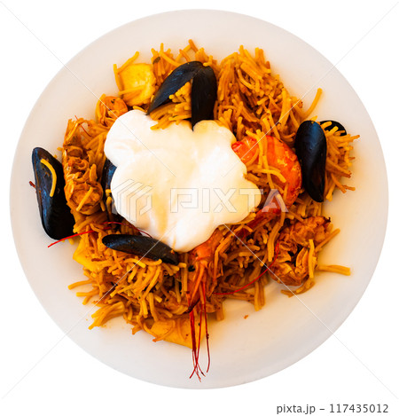Fideua with seafood served on platter Fideua with seafood served on platter 117435012