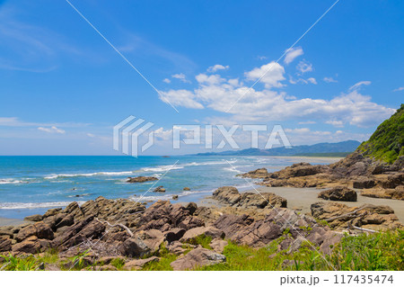 柱状岩と夏の青い海 宮崎県日向市 柱状岩と夏の青い海 宮崎県日向市 117435474