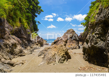 昇り龍のある鵜戸神社から出ると広がる柱状岩の眺め 宮崎県日向市 昇り龍のある鵜戸神社から出ると広がる柱状岩の眺め 宮崎県日向市 117435491