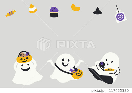 ハロウィンのお菓子とおばけ達のかわいい背景＿大人グレー 117435580