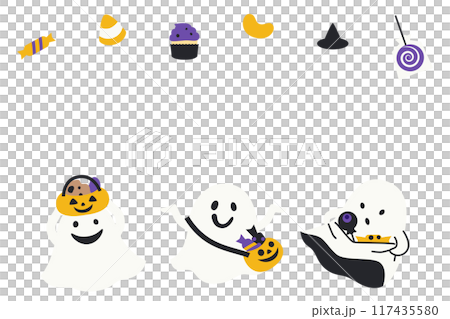ハロウィンのお菓子とおばけ達のかわいい背景＿大人グレー 117435580