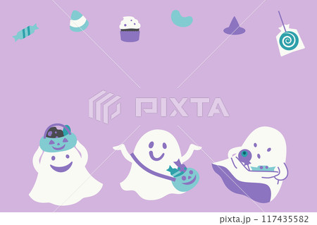 ハロウィンのお菓子とおばけ達のかわいい背景_パープル ハロウィンのお菓子とおばけ達のかわいい背景_パープル 117435582