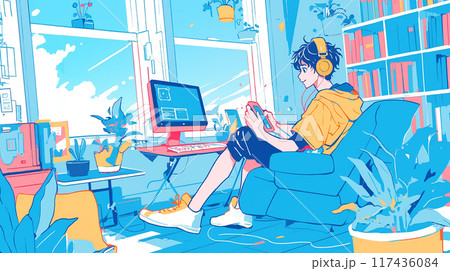 ヘッドホンで音楽を聴く男の子 117436084