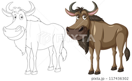 Cartoon Wildebeest Illustration with Outline 117436302